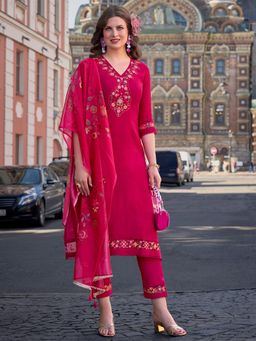 MOJILAA - Women's Fuchsia Pink Viscose Embroidered A-Line Kurta With Pant & Dupatta (Set of 3)