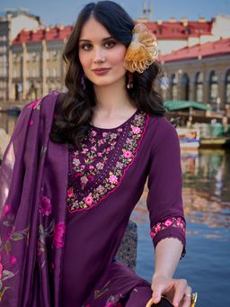 MOJILAA - Women's Purple Viscose Embroidered A-Line Kurta With Pant & Dupatta (Set of 3)