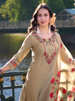 MOJILAA - Women's Khaki Viscose Embroidered A-Line Kurta With Pant & Dupatta (Set of 3)