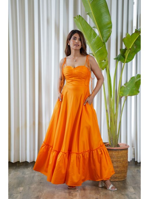 open lace back dress Lola Ruffle Shoulder Ruched Dress Textured Orange main image 0