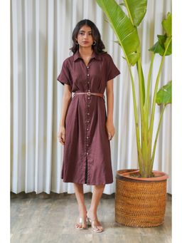 Moonstruck - Cocoa Brown Belted Linen Midi Shirt Dress