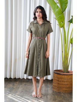 Moonstruck - Olive Green Belted Shirt Style Midi Dress