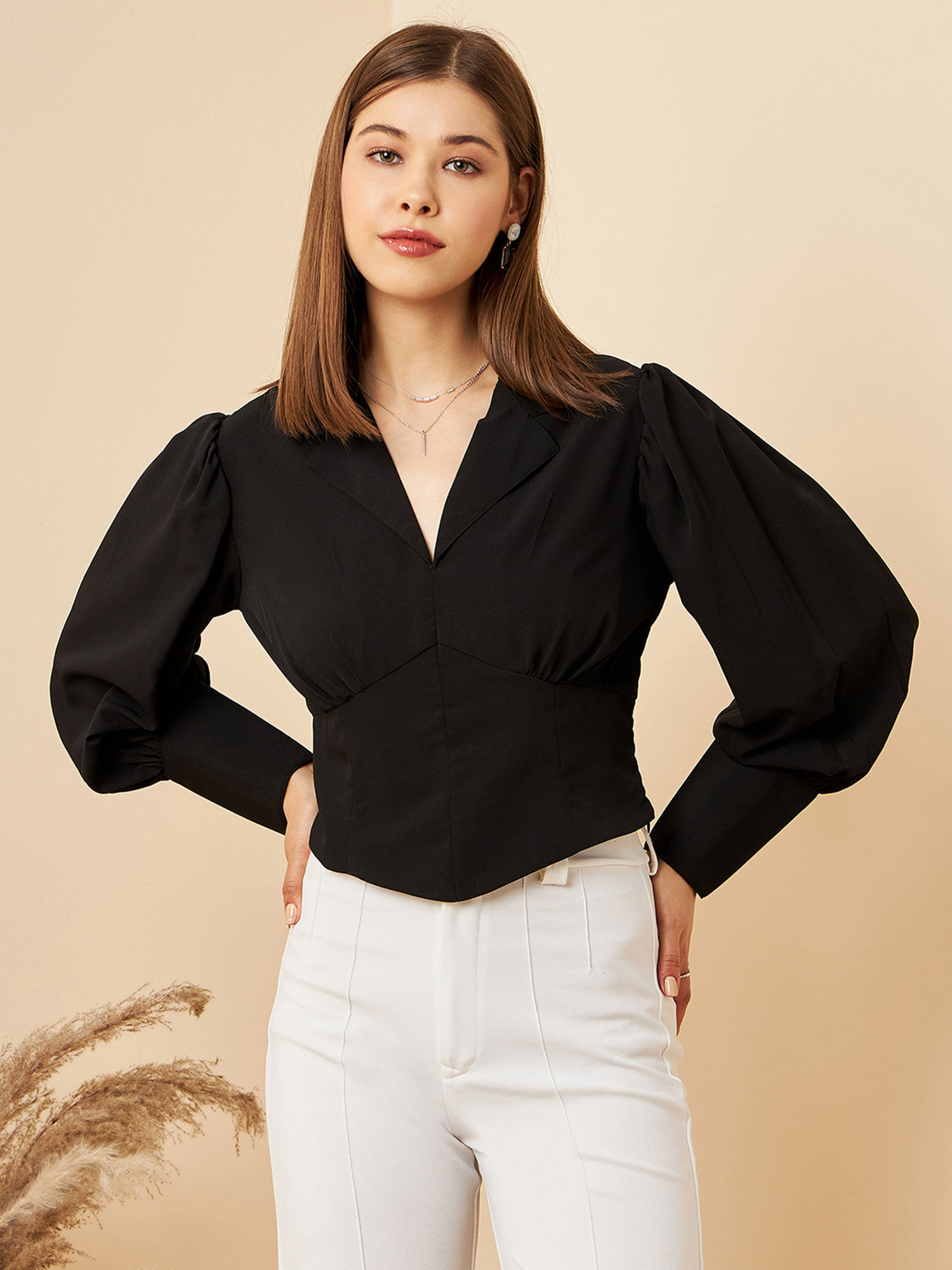 rare Women Casual Black Colour Notched Lapel Solid Regular Top-picture-18