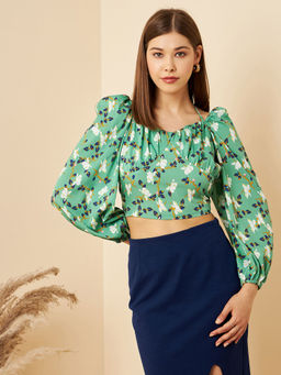 RARE - Women Casual Green Print Colour Sweetheart Neck Floral Regular Top