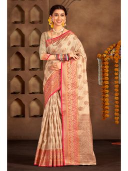 Sangam Prints - Cream Cotton Woven Zari Work Traditional Saree with Unstitched Blouse