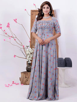 Ethnovog - Ready To Wear Blue Foil Print Floor Length Gown