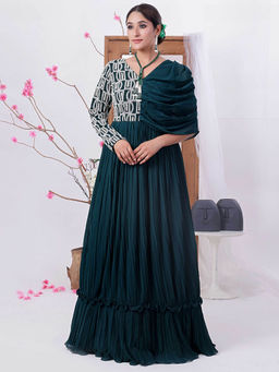 Ethnovog - Ready To Wear Green Embroidered Georgette Pleated Gown