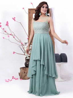 Ethnovog - Ready To Wear Green Digital Printed Georgette Gown
