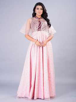 Ethnovog - Ready To Wear Wine Chinon Pink Net Embroidered Gown with Cape (Set of 2)