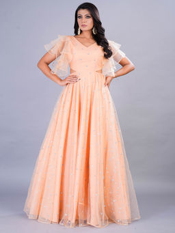 Ethnovog - Ready To Wear Peach Net Embroidered Gown