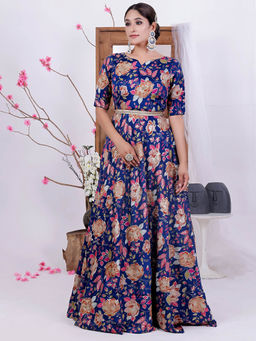 Ethnovog - Ready To Wear Blue Viscose Printed Gown with Belt (Set of 2)