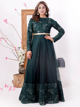 Ethnovog - Ready To Wear Bottle Green Net Embroidered Gown