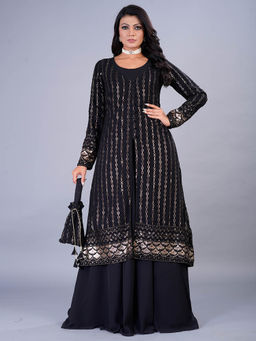 Ethnovog - Ready To Wear Embroidered Black Faux Georgette Gown with Jacket (Set of 2)