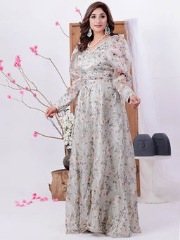 Ethnovog - Ready To Wear Aqua Jimmy Choo Overlapped Style Gown