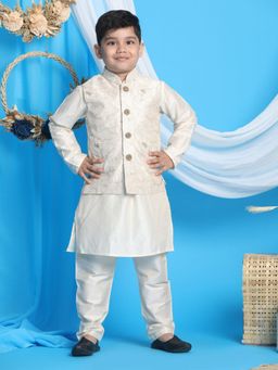 Vastramay - Boys Gold & Cream Jacket With Kurta & Pyjama (Set of 3)