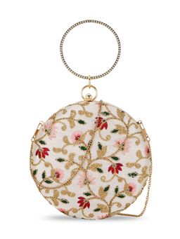 Anekaant - Gala Cream and Multi Floral Embroidered Faux Silk Clutch