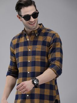 The Bear House - Men's Rust Checked Flannel Long Sleeves Slim Fit Shirt