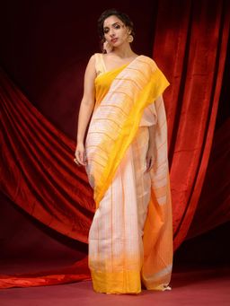 CHARUKRITI - White and Yellow Cotton Handspun Woven Patterns Saree with Unstitched Blouse