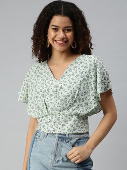 SHOWOFF - Women V-Neck Flared Sleeves Floral Green Top