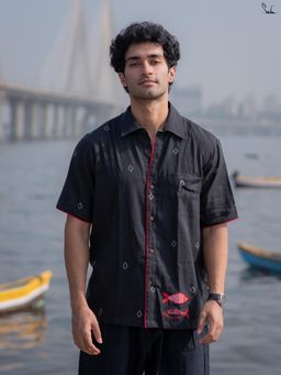 Suta - Men Embroidered Black Smart Casual Cotton Shirt