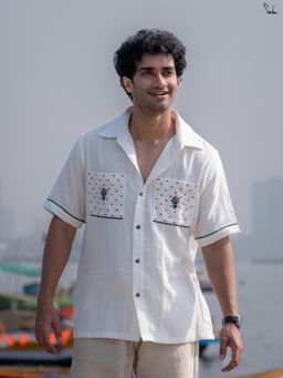 Suta - Men Embroidered White Smart Casual Cotton Shirt