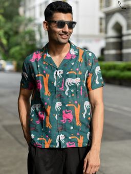 Suta - Men Printed Teal Smart Casual Cotton Shirt