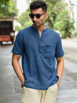 Suta - Men Embroidered Blue Smart Casual Cotton Shirt