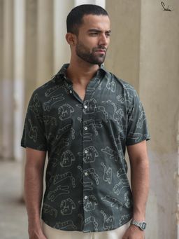 Suta - Men Printed Green Smart Casual Cotton Shirt