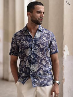 Suta - Men Floral Navy Blue Smart Casual Cotton Shirt
