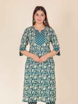 ARAMYA - Blue Soft Cotton Women Straight Floral Print Kurta