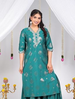 ARAMYA - Green Roman Silk Straight Gold Foil Print Kurta