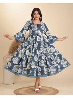 ARAMYA - Blue Soft Cotton Women Flared Foliage Print Kurta