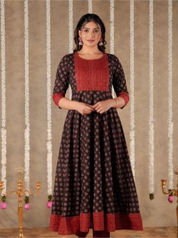 ARAMYA - Black Soft Cotton Women Anarkali Block Print Kurta