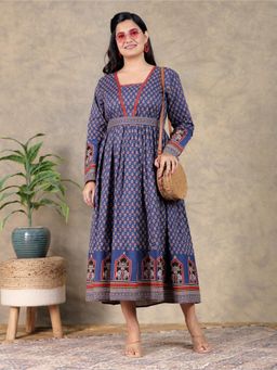 ARAMYA - Blue Soft Cotton Women Anarkali Floral Print Kurta