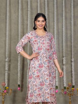 ARAMYA - Beige Soft Cotton Women Straight Floral Print Kurta