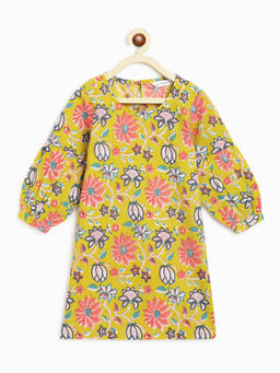 Campana - Girls Manjari Floral Vines Print Statement Sleeve Lime Green Kurta