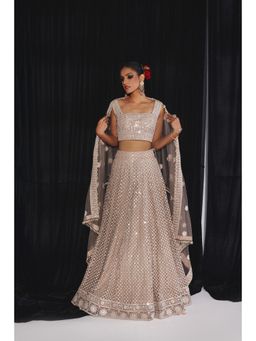 Twenty Nine - Brown Mirrorwork and Beadwork Lehenga with Blouse and Dupatta (Set of 3)