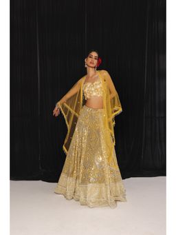 Twenty Nine - Yellow Chikankari Mirrorwork Box Pleat Lehenga with Blouse and Cape (Set of 3)