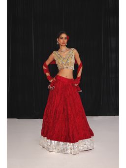 Twenty Nine - Red Crushed Lehenga with Blouse and Dupatta (Set of 3)