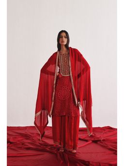 Twenty Nine - Red Maro Iwork Crushed Bandhani Kurta with Palazzos and Dupatta (Set of 3)