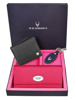 WILDHORN - Premium Leather Ladies Wallet, Mens Wallet and Keychain Gift -1K_RO_2052BKCR_K (Set of 3)