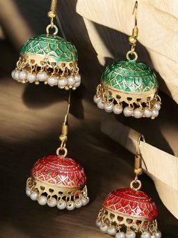 OOMPH - Green and Pink Meenakari Enamel with Pearls Ethnic Jhumki (Pack Of 2)