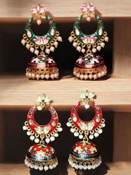 OOMPH - Red and Green Meenakari Enamel Floral Chandbali Jhumka Earrings (Pack Of 2)