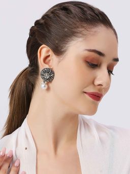OOMPH - Oxidised Silver Ethnic Round Shape Drop Earrings