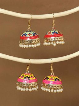 OOMPH - Yellow and Mint Green Floral Meenakari Ethnic Jhumka Earrings (Pack Of 2)