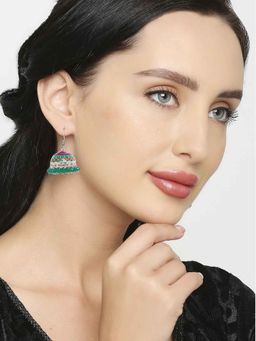 OOMPH - Oxidised Silver Tone Green Meenakari Ethnic Jhumka Earrings
