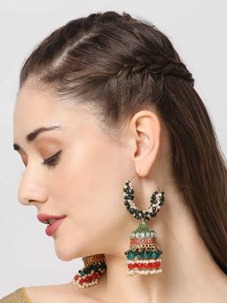 OOMPH - Green and Red Meenakari and Kundan and Pearls Ethnic Bali Earrings