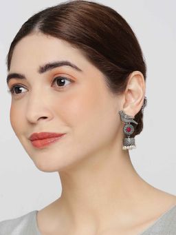 OOMPH - Oxidised Silver Look Alike Bird Design Maroon Stone and Pearls Ethnic Jhumka