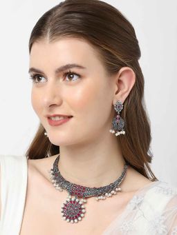 OOMPH - Oxidised Silver Maroon Stones and Pearls Necklace with Earrings