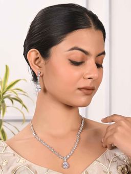 Ratnavali Jewels - Silver Plated White Cz Amerian Diamond Drop Necklace with Earrings